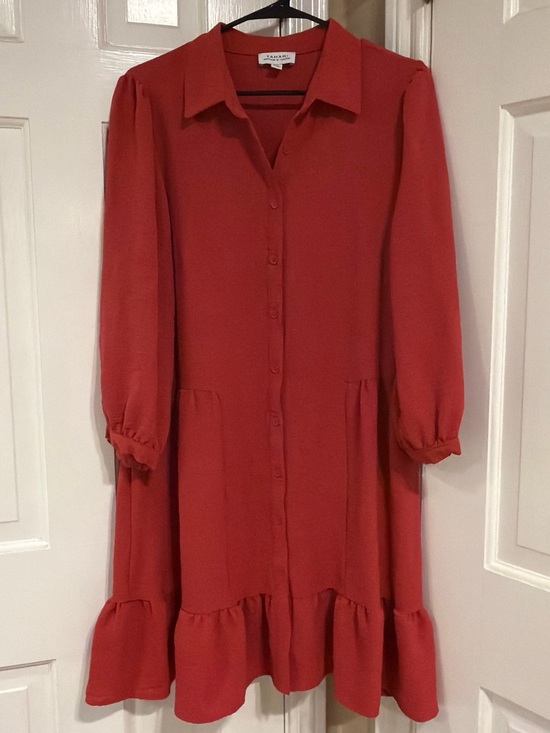 Tahari ASL Dresses & Skirts - Tahari ASL Coral-Red Long-Sleeve Button Front Ruffle-Hem Dress
